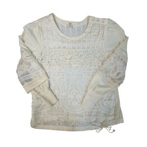 TINY Anthropologie Cream Lace Embroidered Pintuck Long Sleeve Top XS
